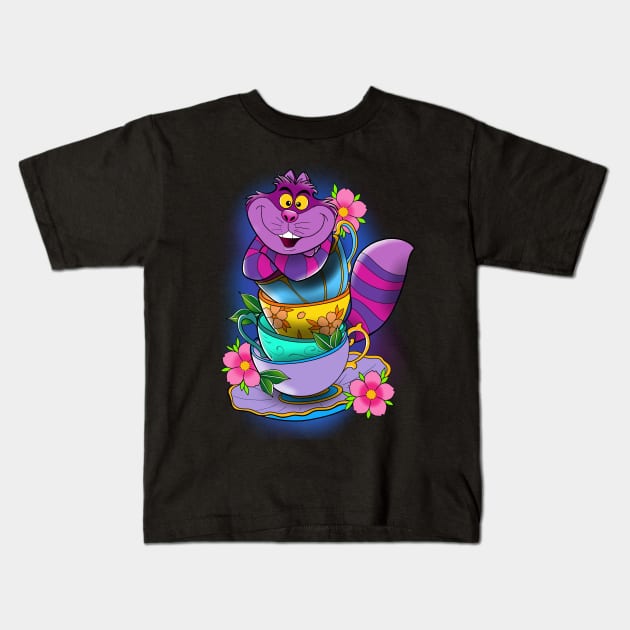 Tea time with Cheshire Cat! Kids T-Shirt by Jurassic Ink